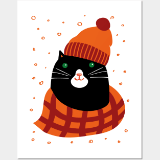 Black cat dressed in warm knitted hat and scarf Posters and Art